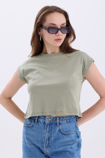 MD trend Crew Neck Bat Sleeve Women's Crop T-Shirt