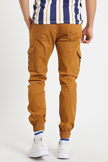 Serseri Hardal, Slim Fit None Denim Yandan Cepli Bel Bağcıklı, Paçaları Lastikli Esnek Kumaş Kargo Pantolon
