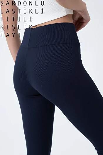 Domoda Sötétkék polár belül, elasztikus, magasított, bordázott, összegyűjtő interlock téli kötött leggings @verona