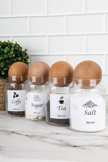 DNS HOME 4-Piece Wooden Ball Lid English Label Tea Sugar Coffee Salt Storage Container Jar 800 ml