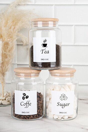 DNS HOME 3-Piece Wooden Vacuum Lid English Label Tea Sugar Coffee Storage Container Glass Jar 800 Ml