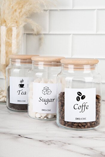 DNS HOME 3-Piece Wooden Vacuum Lid English Label Tea Sugar Coffee Storage Container Glass Jar 800 Ml