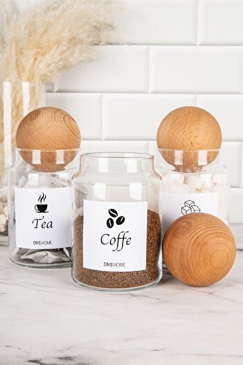 DNS HOME Set of 3 Wooden Ball Lid Tea Candy Coffee Storage Container Jars with English Label 800 ml