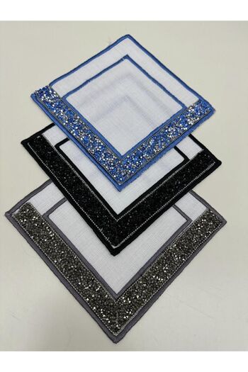 İNCİ ÇEYİZ 3 Pieces of Linen Fabric Crystal Stoned Embroidered Coffee Side Cocktail Napkin & Coasters