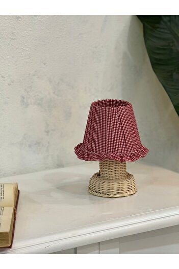 Maison Avf Kırmızı Pötikare Desen Kumaş Rattan Ayaklı Kablosuz Gece Masa Lambası