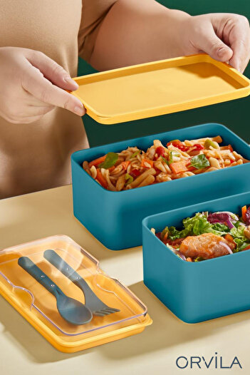 Orvila 2 Liter Mega Size 2 Layer Food Storage Set - Lunch Box with Fork and Spoon Serving