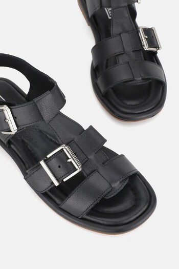 TUNAELLİ Black Genuine Leather Women's Sandals - Size 36-41 Strapped Flat Model