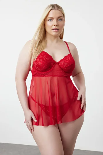 Trendyol Curve Red High Waist Underwire Babydoll & Thong Set TBBSS24DH00001