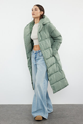 Trendyol Collection Water Repellent Long Quilted Coat - Light Khaki with Side Snap Closure Twoaw24Mo00044