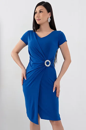 PULLIMM V-Neck Waist Buckle Short Sleeve Evening Dress - 13444