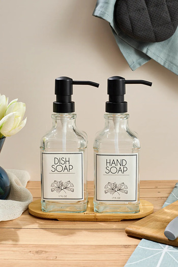 Karçiçeği Home Set of 2 Luxury Design Square Glass Liquid Soap Dispensers - Bamboo Tray