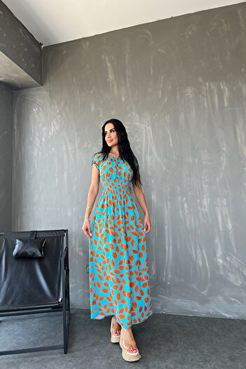 kamacibutik Madonna Collar Floral Print Viscose Summer Dress - Elastic, Standard Size S/M/L/XL
