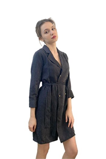 Mois Atelier Beyaz Çizgili Düğme Detaylı Kuşaklı Siyah Mini Kadın Elbise Hediye Büyük Beden
