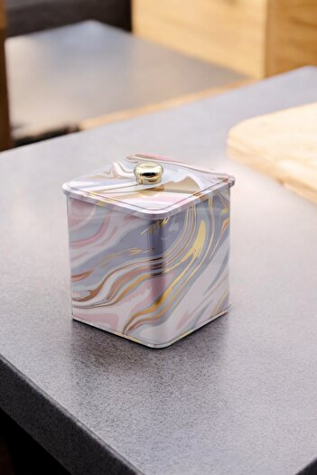 EVLE Ef023-ı0 Liquid Pink Patterned Square Metal Storage Container 12x12 Cm