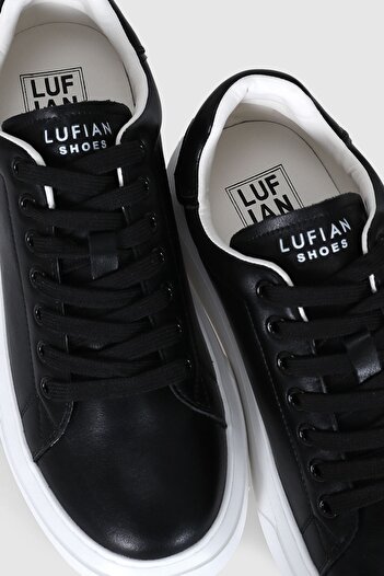 Lufian Women's Sneakers - Genuine Leather, Thick Sole and Laces, Black Shoes