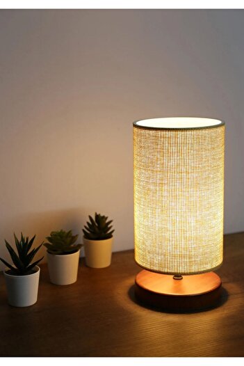HOMİNG Exclusive Rattan Örgü Hasır Kumaş Tasarım Abajur Ahşap Taban Ayd-3113