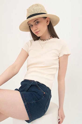 Domoda Ecru Baby Overlock Short Sleeve Blouse Camisole Ribbed Women's Blouse.