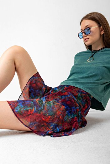 Domoda Red Patterned Women's Chiffon Mini Skirt with Shorts Inside and Elastic Waist