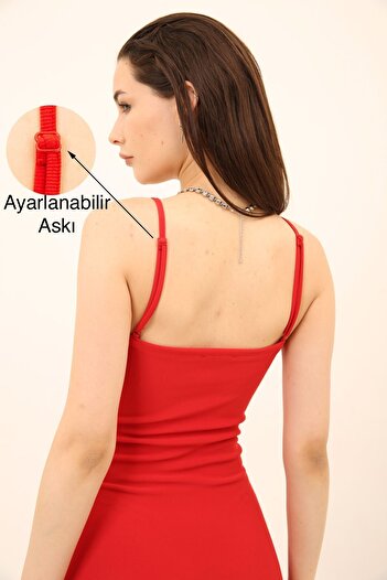 Domoda Kırmızı Ayarlanabilir Ince Askılı Bodycon Fitilli Mini Kadın Elbise