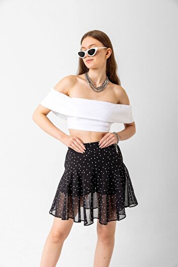 Domoda Black Patterned Women's Chiffon Mini Skirt with Shorts and Elastic Waist