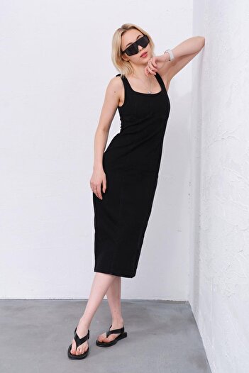 Maule Smoked Jean Denim Maxi - Women's Wide Straps Dress with Back Zipper and Slit @berlin