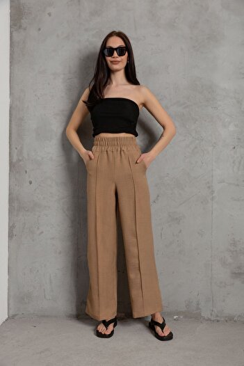 Domoda Bej Beli Dekoratif Lastikli Bol Paça Çift Cepli Pamuklu Kadın Pantolon @como