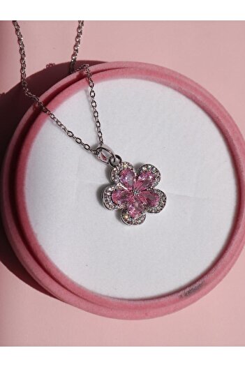Reorah Collection Zirkon Taşlı Pembe Çiçek Çelik Kolye-Gümüş Kaplama