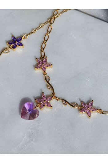 Reorah Collection Kristal Şato Prenses Çiçek Kalp Kolye-alexa (ÇİÇEKLERİ PEMBE)