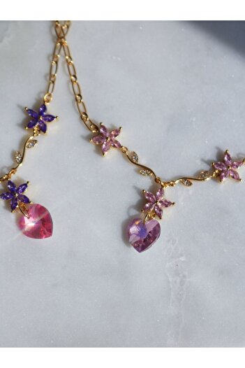 Reorah Collection Crystal Castle Princess Flower Heart Necklace-liana (BLOWERS PURPLE)