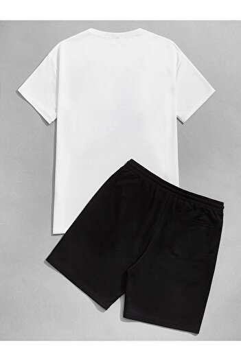 NO 601 Λευκό Panda εμπριμέ Unisex Oversize μπλουζάκι και μαύρο Panda εμπριμέ χτενισμένο βαμβακερό σορτς