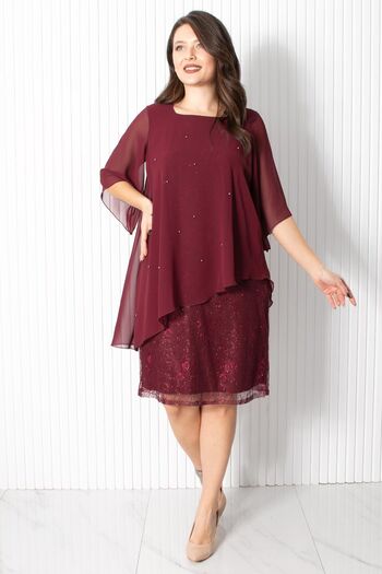 SUBU TASARIM Pearl Chiffon Evening Dress Burgundy FHM908