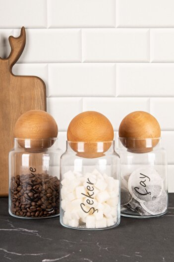 DNS HOME 3-Piece Wooden Ball Lid Transparent Label Tea Sugar Coffee Storage Container Jar 800 ml