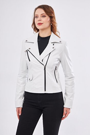 DERİNSS DKA1202 - Genuine Leather White Women's Coat