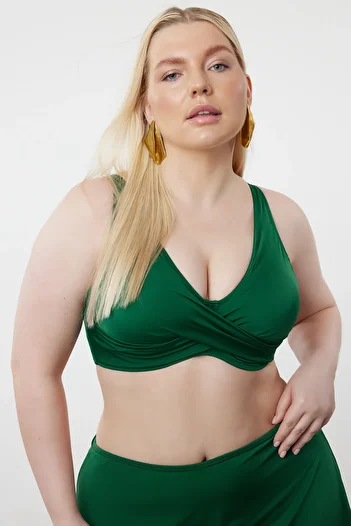 Trendyol Curve Plus Size Emerald Green Deep V Bikini Top - Tbbss23Ct00011