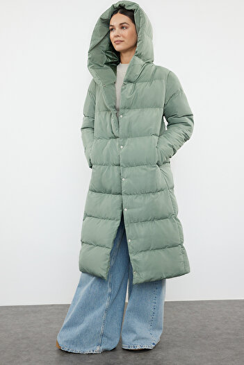 Trendyol Collection Water Repellent Long Quilted Coat - Light Khaki with Side Snap Closure Twoaw24Mo00044