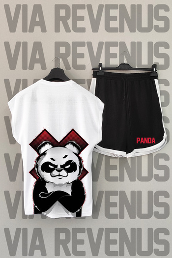 Vordevia Panda Patterned Crew Neck Sports T-shirt and Black Sports Shorts Set - Zero Sleeve