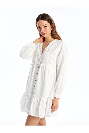LC Waikiki Lcw Vision V Neck Embroidery Long Sleeve Women's Shirt Dress
