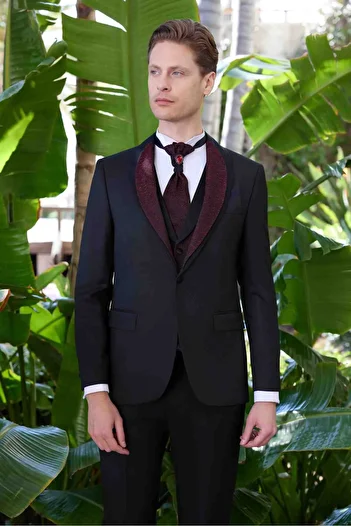 Morven Men's Black Santos Collar Slim Fit Groom Suit