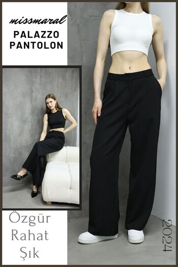 missmaral Women's Black Palazzo Trousers Specially Tailored Pocketed Pleated Wide Leg