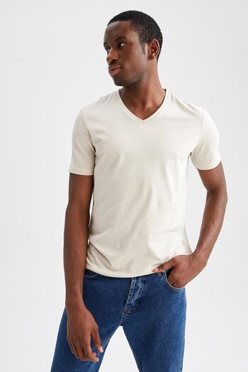 DeFacto Slim Fit bavlněné tričko s výstřihem do V – krátký rukáv M7668az22sp