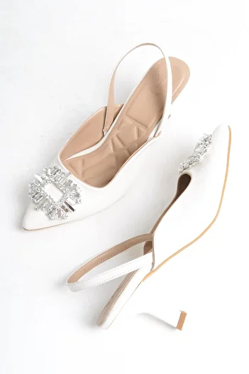 Modabuymus Elizabeth White Stone Stiletto - Open Back Evening Dress Shoes