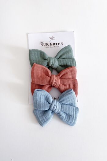 By Nur Erten 100% Cotton Muslin Fabric Girl's Bow Hair Clip with Clips Set of 3