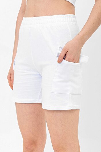 Domoda White Elastic Waist 2 Thread Knitted 100% Cotton Women's Shorts with Cargo Pocket