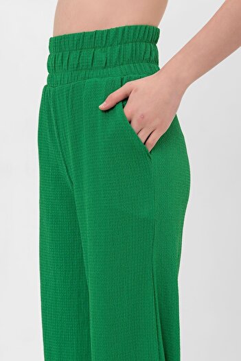 Domoda Green Elastic Waist Wide Leg Double Pocket Wrinkled Women's Trousers