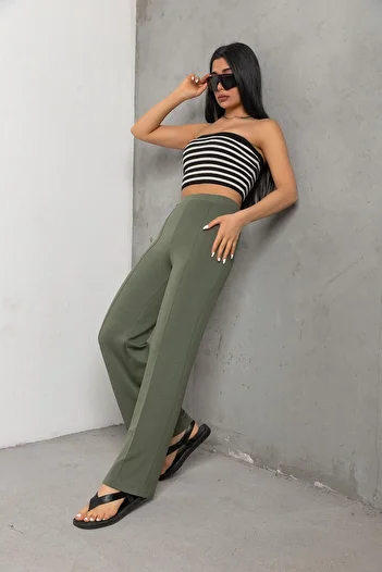 Domoda Flexible Wide Leg - Mint Knitted Women's Trousers with Snap Iron and Trace Stitching @latina