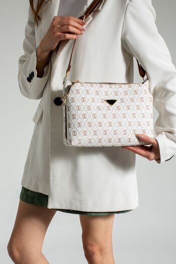 Rosmod Women's White Patterned Three-Compartment Shoulder Cross Strap Quality Bag