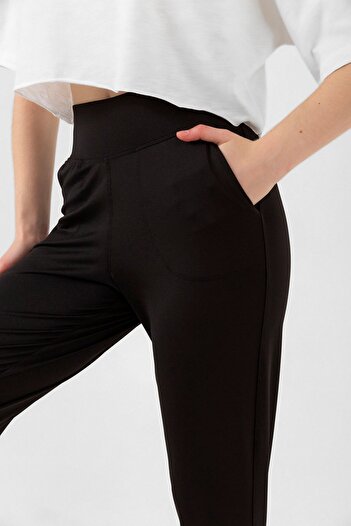 Domoda Siyah Beli Lastikli, Çift Cepli, Toparlayıcı Yüksek Bel Jogger Eşofman Altı Joggers