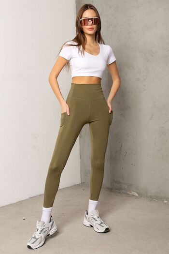 Domoda High Waist and Karyoka Stitching Khaki Women's Leggings - Double Pockets, Sports and Daily Use, @prato
