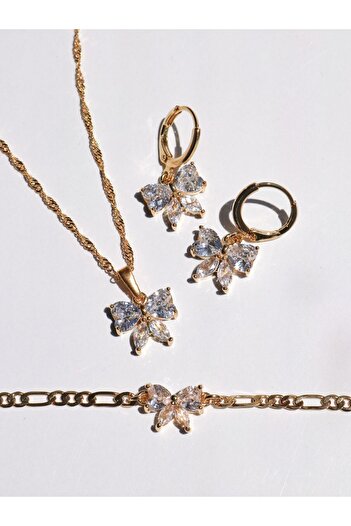 Reorah Collection Zircon Stone Detailed Bow and Ribbon Set - Necklace, Earrings and Bracelet