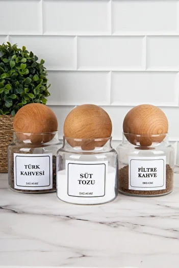 DNS HOME 500 ml Turkish Coffee - 3-Piece Glass Storage Container Jar with Wooden Ball Lid, Filter Coffee, Milk Powder Label